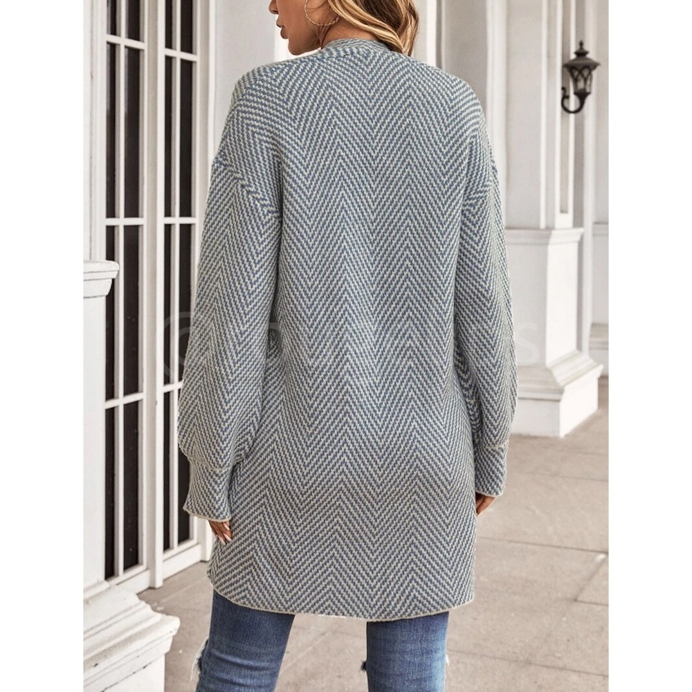 Knit Chevron Open Cardigan Bishop Sleeves Hip Length Dusty Blue on Off White - Picture 5 of 10
